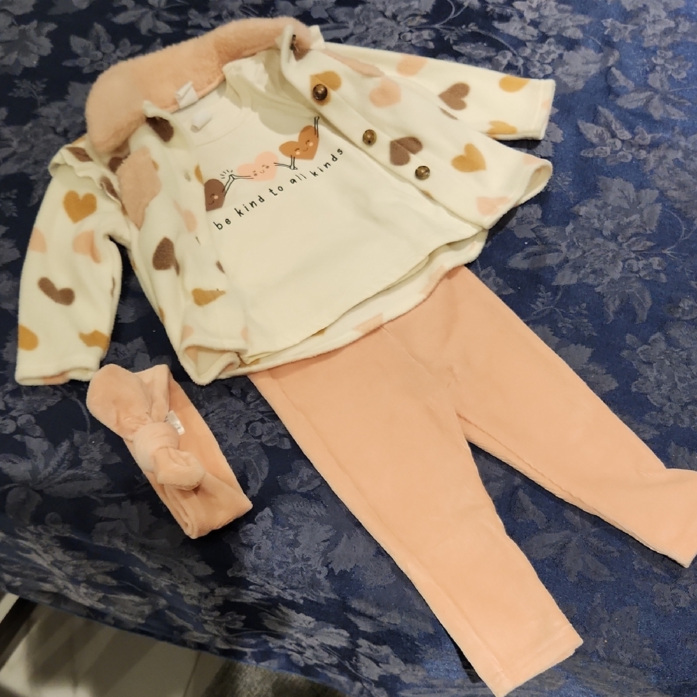 NWOT Pl Baby Kids Heart Print Matching Set - Cream and Pink